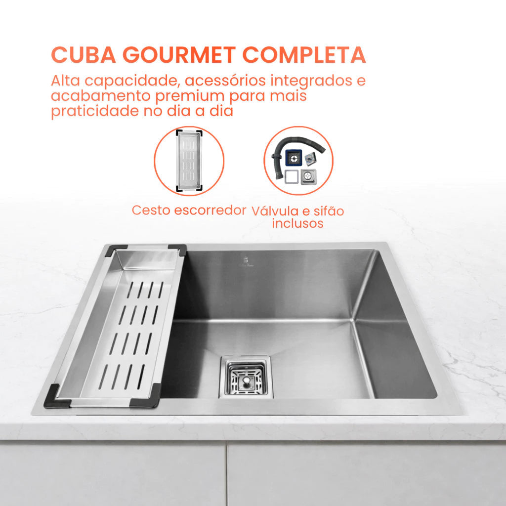 cuba cozinha gourmet inox 60x40 escovada com calha 3