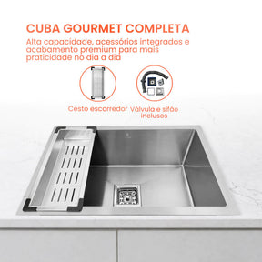 cuba cozinha gourmet inox 60x40 escovada com calha 3