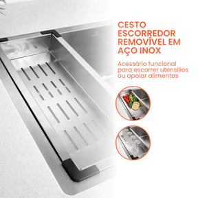 cuba cozinha gourmet inox 60x40 escovada com calha 4