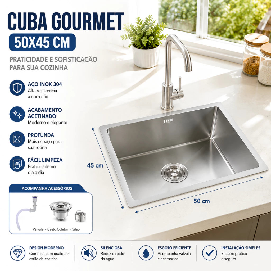 cuba cozinha gourmet inox quadrada 50x45 3