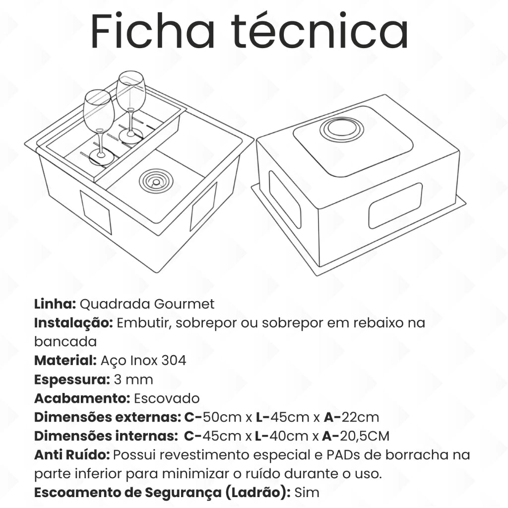cuba cozinha gourmet inox quadrada 50x45 6