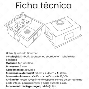 cuba cozinha gourmet inox quadrada 50x45 6